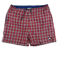 Vintage Tommy Hilfiger Swim Trunks Mens XL Red Plaid Drawstring Board Shorts 90s
