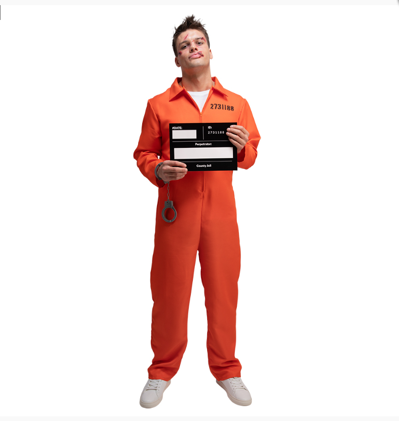 Orange Convict Prison Jumpsuit Men's Fancy Dress Costume Free