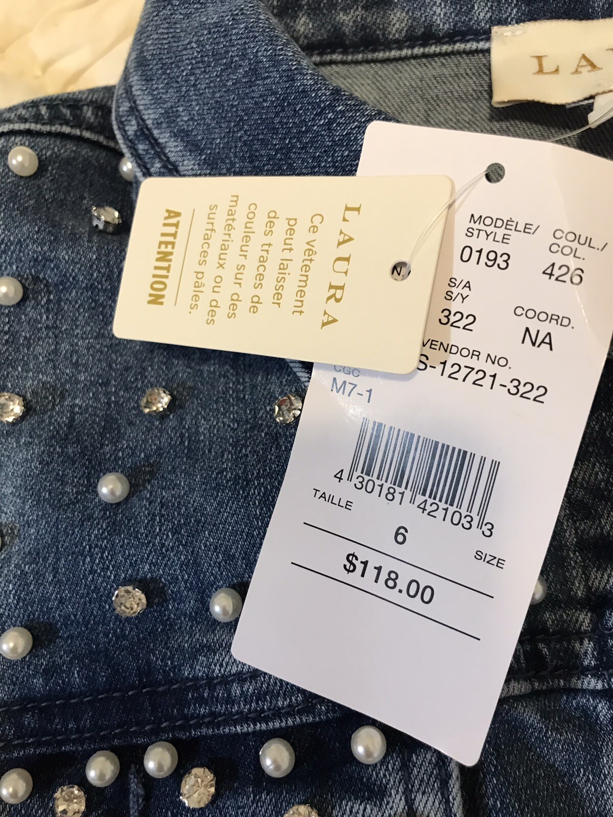 Laura Label NWT LAURA Denim Jacket Womens Pearl Embellished Button Soft Stretch ...