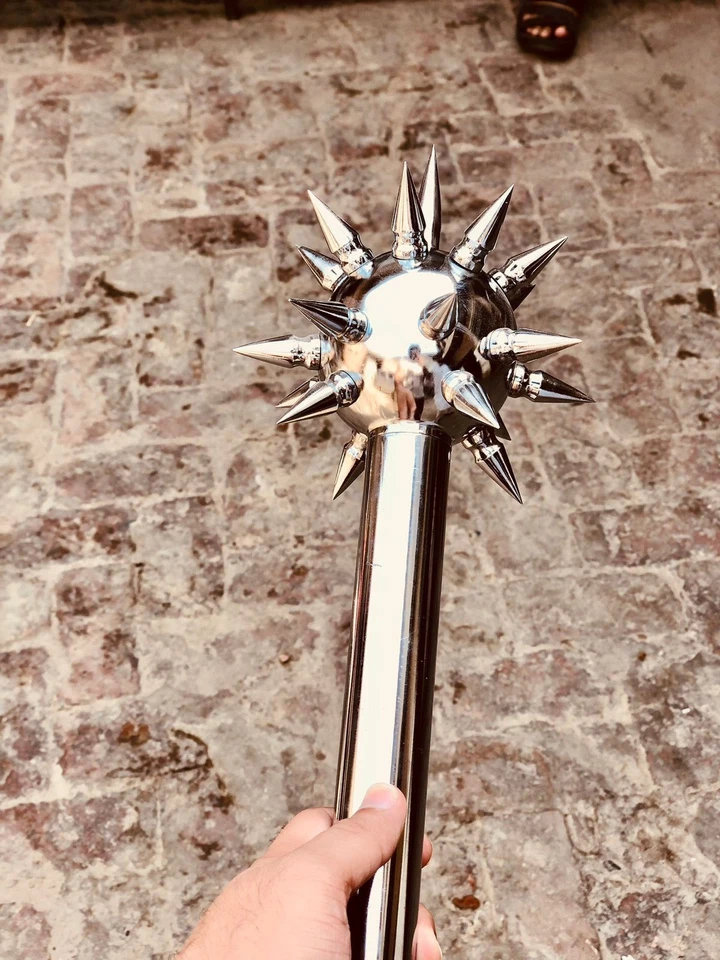 Maza bola medieval hecha a mano con púas plateada con estrella mortal de la mañana plateada Foto 4 de 4