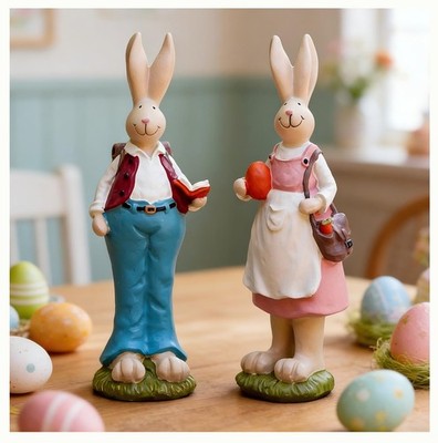 2 PCS Easter Bunny Figurines 6.1'' H   Hand Painted Resin Rabbit Couple Holdi...