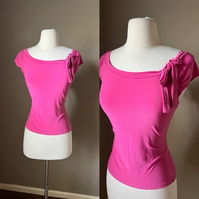 Vintage Y2K 90s Top XL Pink Boat Neck Short Sleeve Bow Fairy Preppy Coquette