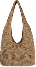 Women Large Straw Beach Bag Handmade Woven Shoulder Bags Hobo Tote Khaki