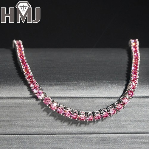 4mm Pink Moissanite Tennis Chain Bracelets Necklace 925 Silver Hiphop Bracelet - Picture 10 of 21