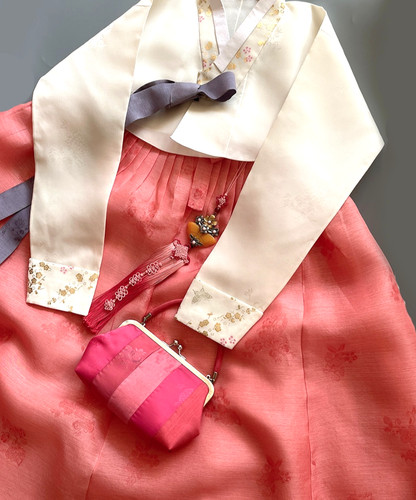 Korean Traditional Dress Hanbok Set-Ivory Jacket & Orange Skirt Bag & Petticoat