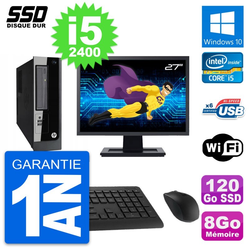 PC HP Pro 3300 SFF Ecran 27" Intel i5-2400 RAM 8Go SSD 120Go Windows 10 Wifi
