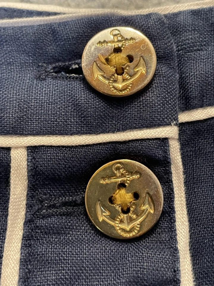 复古 80 年代亚麻裁剪裤子女式 4 码海军蓝金色纽扣水手航海城 — 第 4/4 张图片