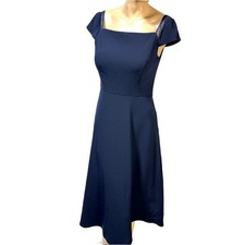 Kay Unger Navy Blue Fit & Flare Dress Below Knee Cap Mesh Sleeve NO SIZE TAG NWT