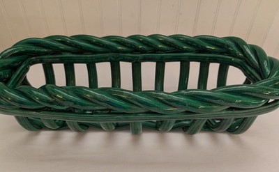 Rare Vintage Green Woven Ceramic Bread Fruit Basket Perfect Condition 