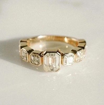 3 Ct Emerald & Asscher Cut Simulated Diamond Wedding Ring 14K Yellow Gold Plated
