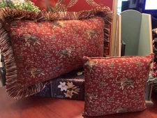 (2) ELEPHANT Themed Pillows~(1) Rectangle~w/Fringe~(1) Small 9” Sq~Rust & Vines~