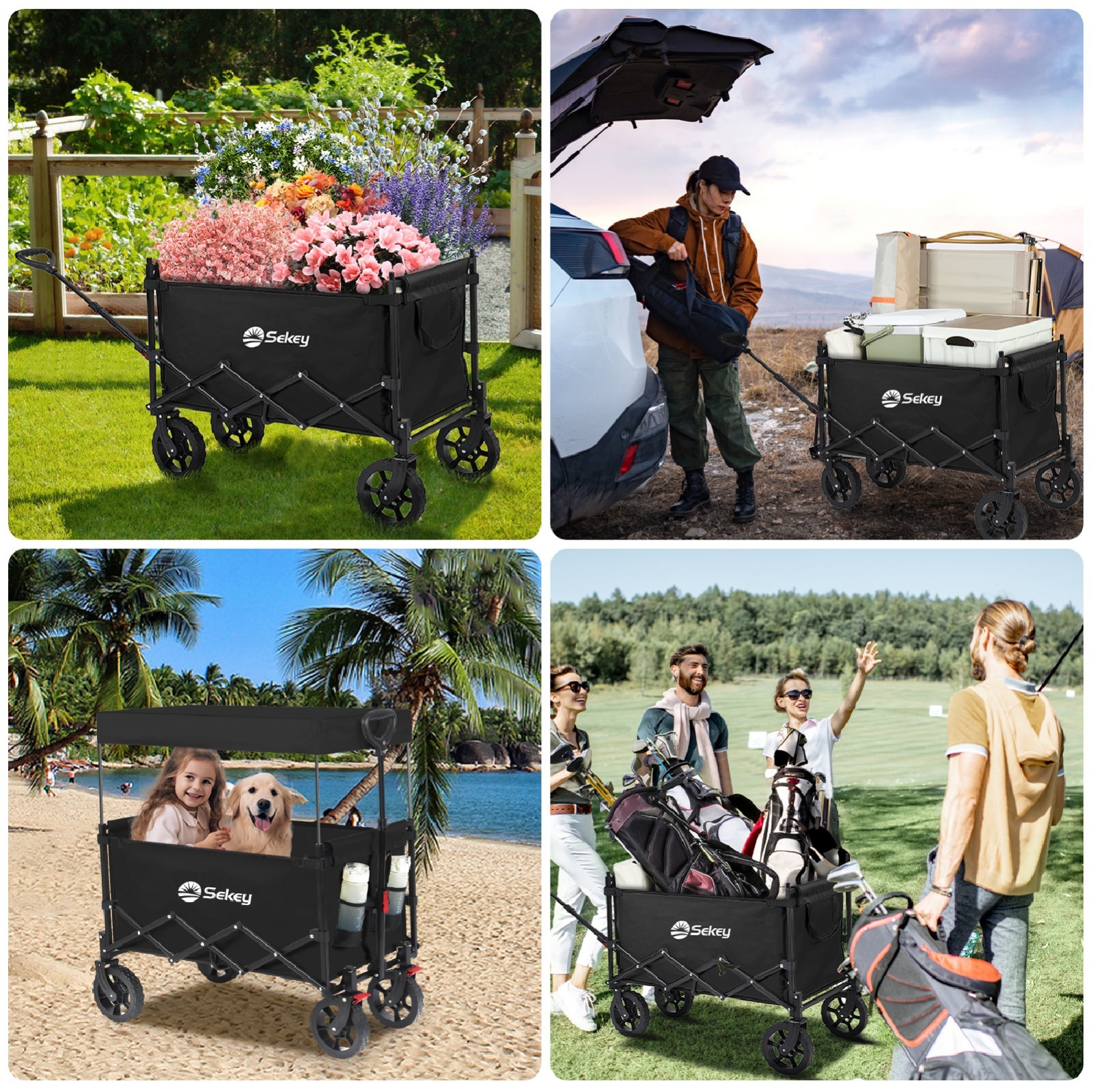 330LBS Foldable Wagon Cart with Canopy Collapsible Heavy Duty Utility Wagon Cart