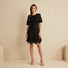 Cocktail Romantic Knee Length Dress Black Lace Cotton Blend Sheath Zip US 4