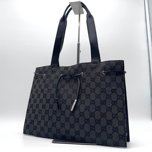 Gucci Tom Ford GG Canvas Tote Shoulder Bag Drawstring Leather Black Authentic