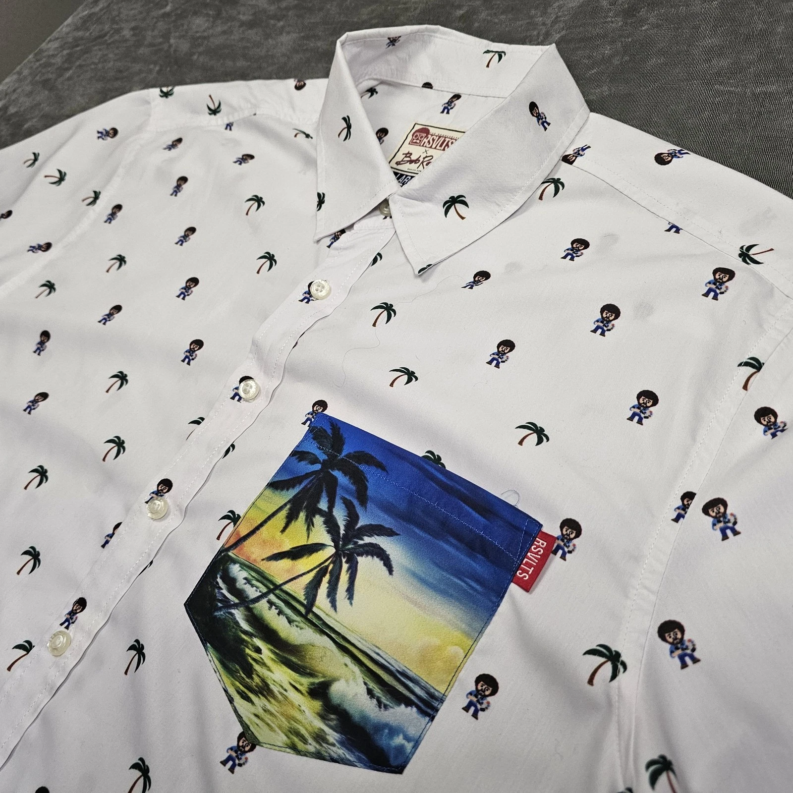 RSVLTS Bob Ross Shirt Mens Large White Palm Tropical Short Sleeve Button Front