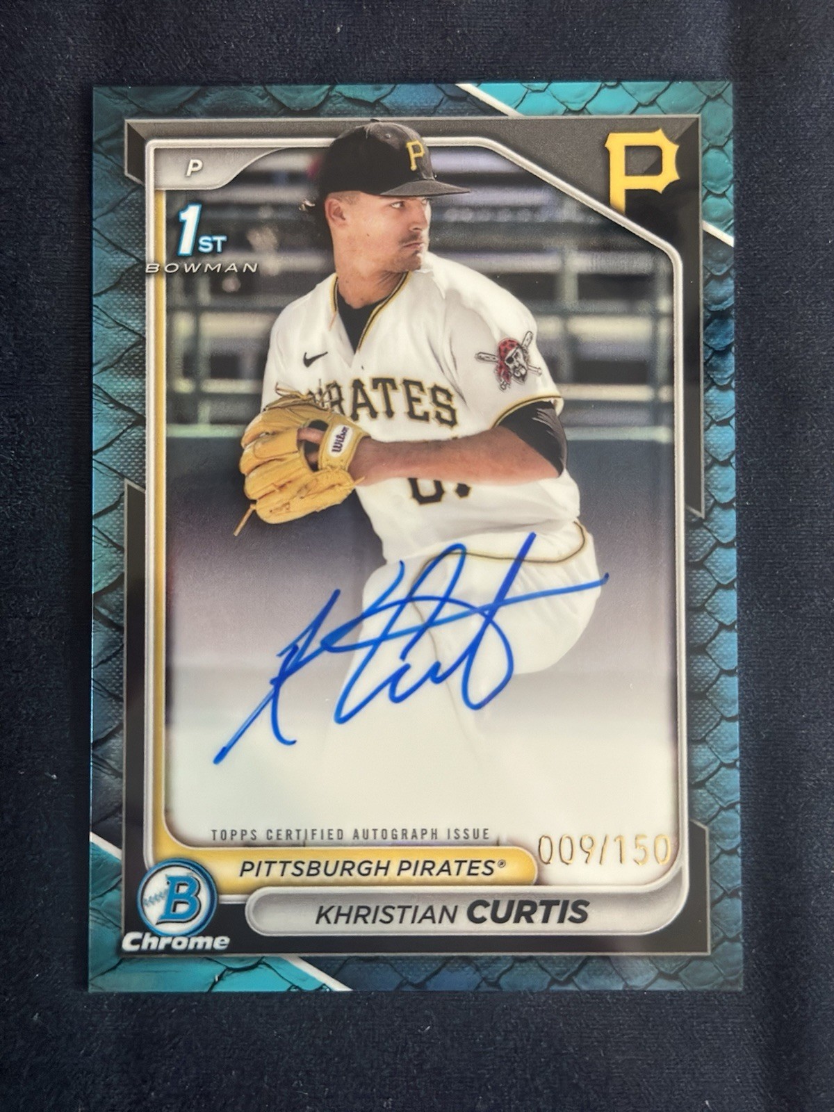 Khristian Curtis 2024 Bowman Chrome 1st Reptilian Blue Auto /150 Pirates #CPA-KC