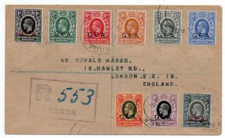 1919 BRITISH EAST AFRICA TO GREAT BRITAIN REG COVER 9 G.E.A. OVPT STAMPS RARITY