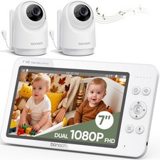 bonoch 1080P Baby Monitor with 2 Cameras, 7" Split Screen, No WiFi, Dual Video M