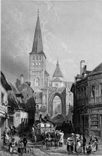 LA CHARIT� sur LOIRE: PEASANTS in front of the CHURCH SAINTE CROIX - Engraved 19th Gd Format