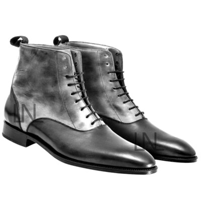 Men's Two Tone High Ankle Plain Toe Genuine Leather Lace Up Dress Boots Custom