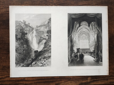 Sty Head Waterfall & Interior of Carlisle Cathedral - Antique Print - 1835
