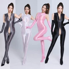 Womens Satin Shiny Tank Top Bodysuit One piece Jumpsuit-2 Zipper + Glossy GLOVES