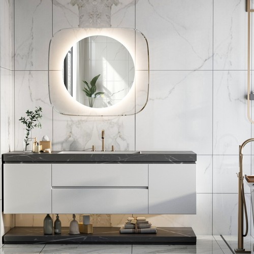 Modern LED Bathroom Mirror w/ Backlit Clear Glass Frame Defog Dimmable Touch HD - Picture 10 of 17