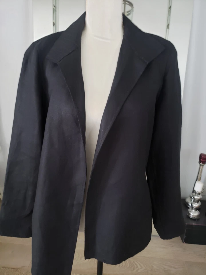 Chaqueta Blazer Ellen Tracy Linda Allard Frente Abierto 100% Lino Negra Talla 10 Foto 4 de 4