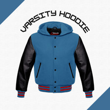 Men Varsity Baseball Letterman Hoodie Jacket Cowhide Leather Sleeves