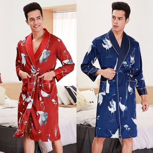 Mens Satin Bath Robe Dressing Gown Faux 