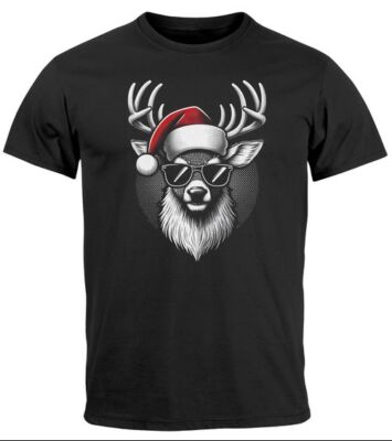 Herren T-Shirt Weihnachten Aufdruck Rentier mit Sonnenbrille und Weihnachtmütze
