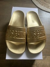 RARE  175 Women's Sz 36 M Moschino Logo Gold Slides Sandals US 5.5 NIB 