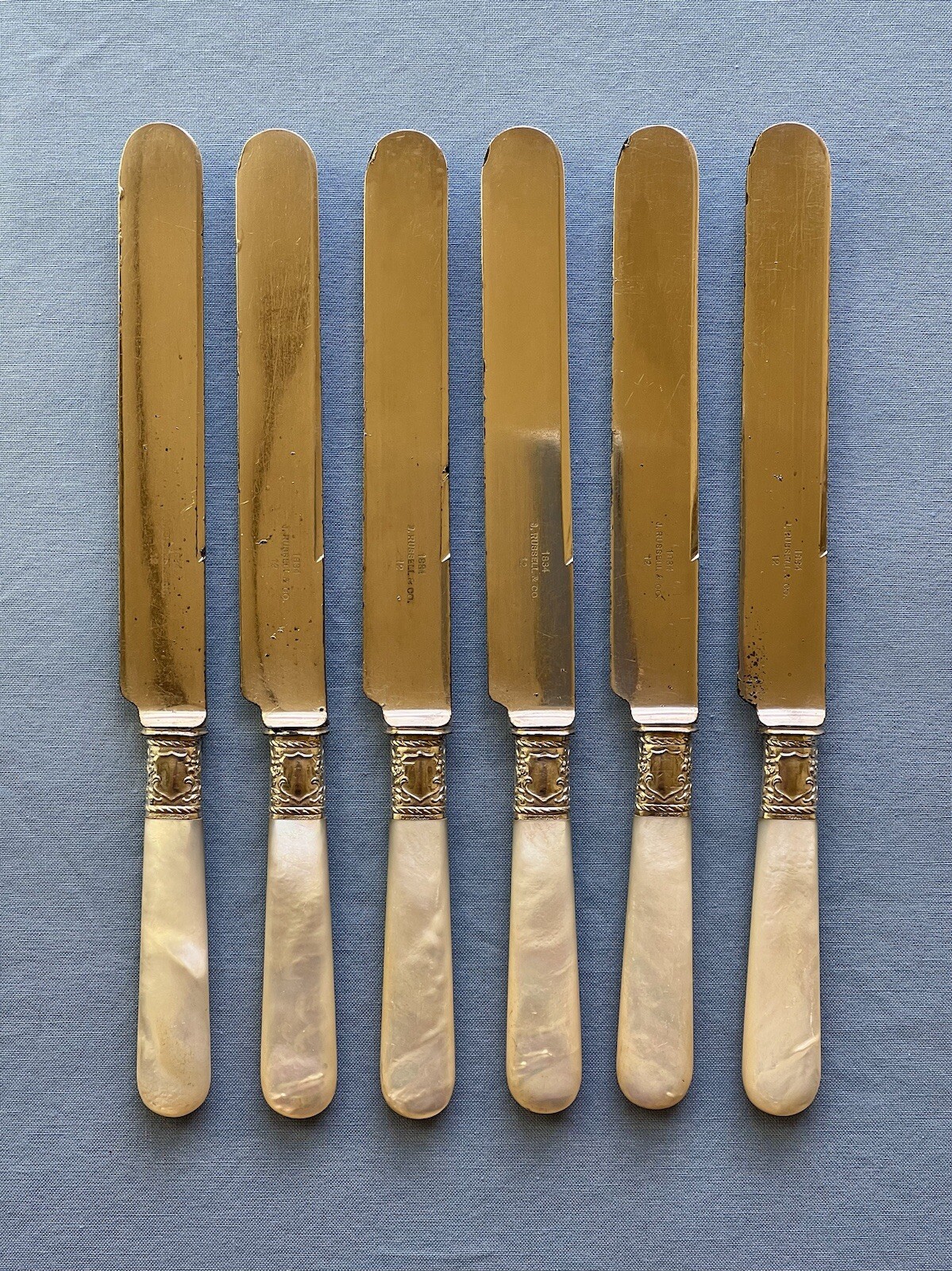 6 Antique French Blade Knives Mother of Pearl Handle Sterling Ferrules