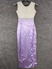 Handmade Maxi Dress Women Small Purple White Beaded Lace Bodice Thigh Slit Prom