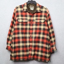 L.L. Bean Fleece Large Long Sleeve Red Tan Plaid Cotton Shirt Jacket