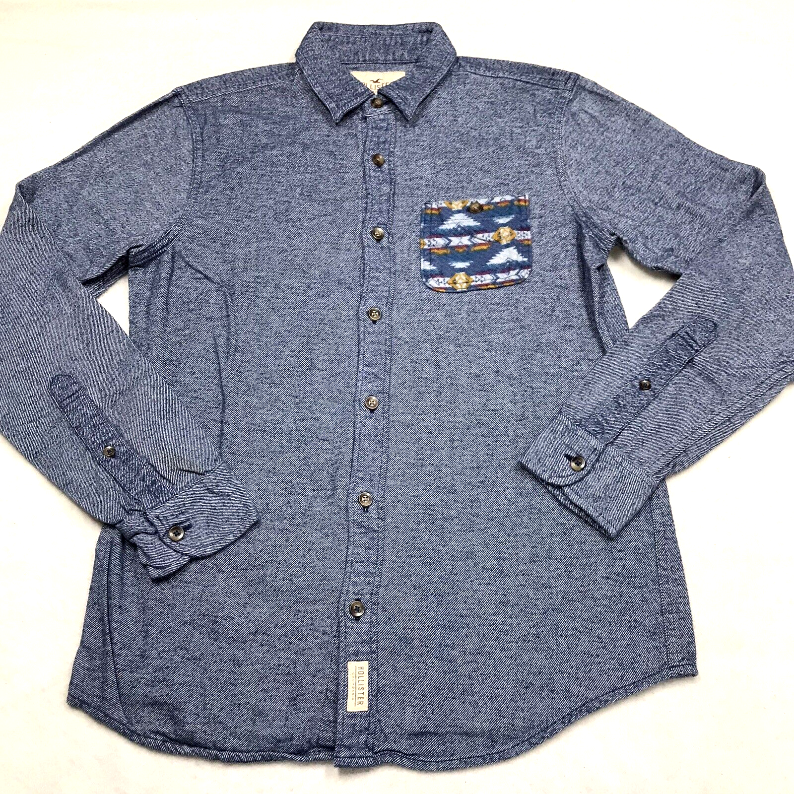 HOLLISTER Flannel Shirt Men S Blue Chambray Southwest Denim Indigo jeanswear-image