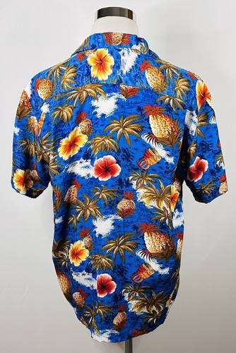 Roundy Bay Large Hawaiian Aloha Shirt Floral Pineapples Drums Palms Blue Poly - Picture 4 of 4