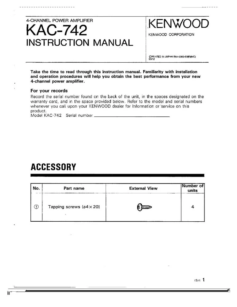 Kenwood KAC-742 Amplifier Owners Instruction Manual