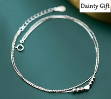 Women Girl 925 Sterling Silver Silver Heart Love Double Bead Chain Bracelet 6-7"