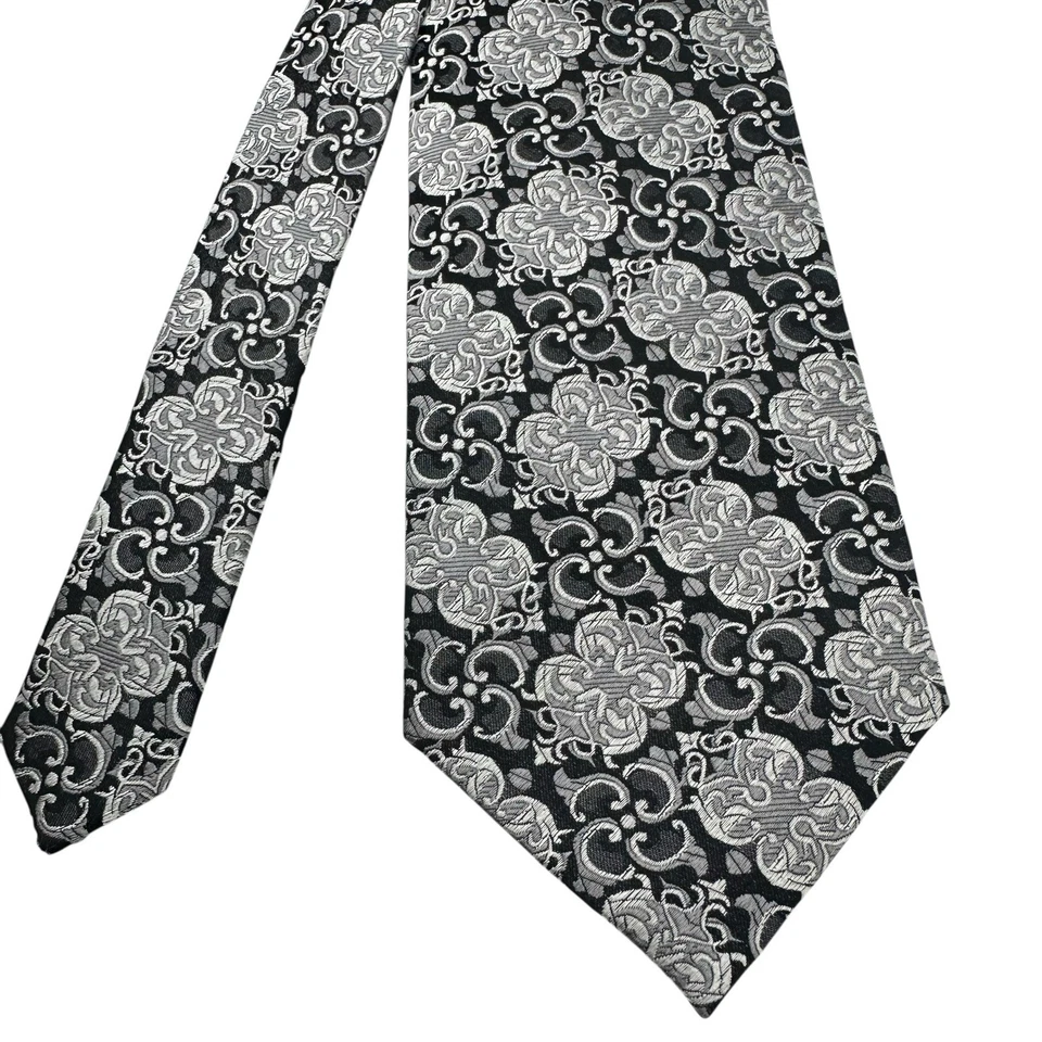 ROBERTO VILLINI Couture Sevenfold 100% Silk Designer Tie Silver & Black Brocade Foto 3 de 4