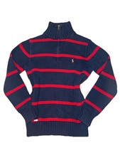 Polo Ralph Lauren Boys Blue Red Striped 100% Cotton Quarter Zip Jumper Size M 10