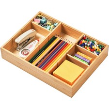 Bamboo Desk Drawer Organizer, Wood Junk Organizer Tray with Adjustable Divide...