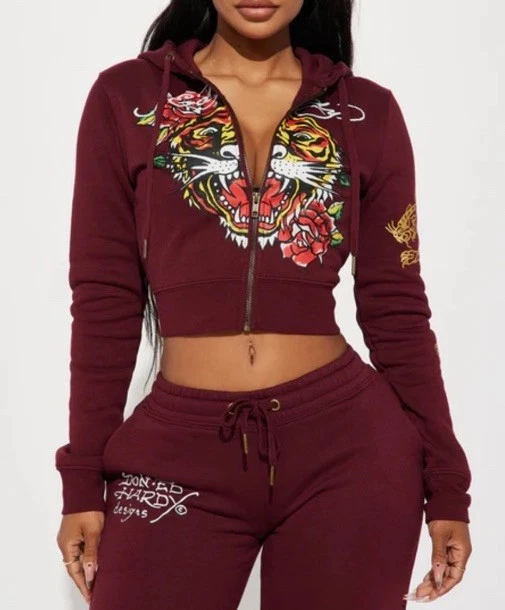 Chándal Ed Hardy para mujer pantalones acampanados talla grande, sudadera con capucha corta de tigre talla pequeña Foto 2 de 4