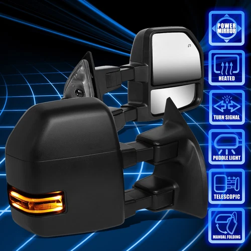 For 99-07 Ford F250-550 Pair Black Power Heated+LED Towing Mirrors w/Harness