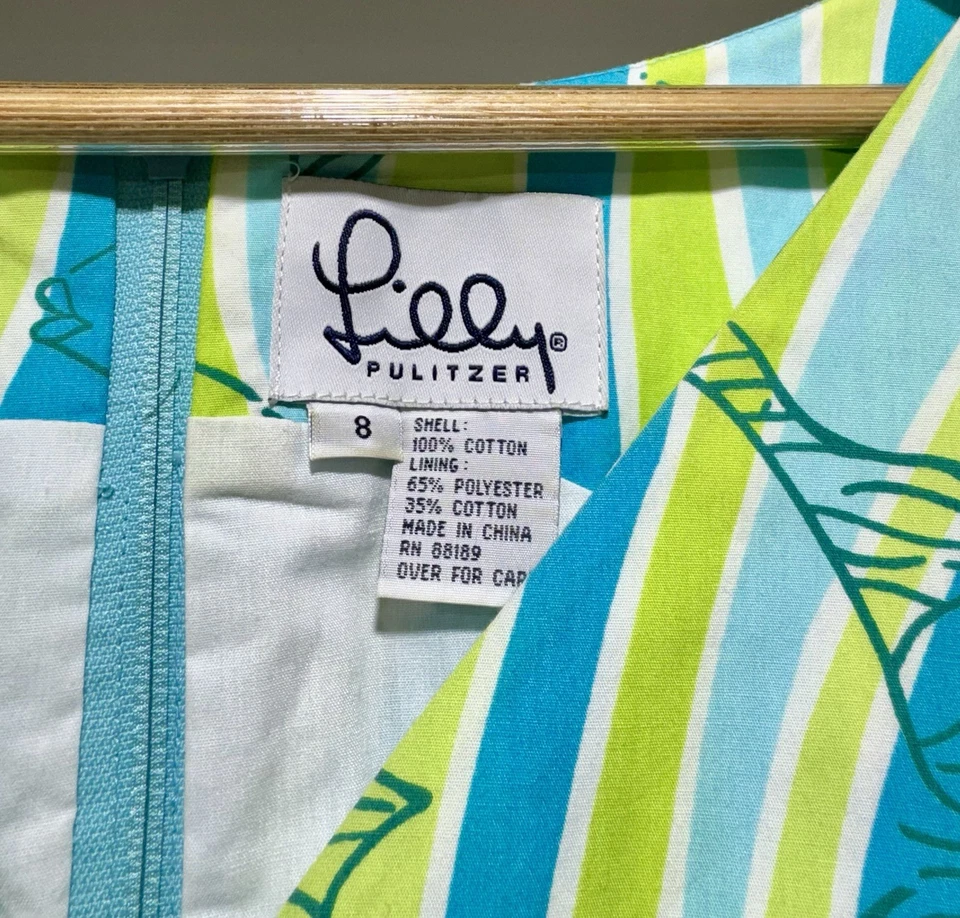 Винтажное женское платье Lilly Pulitzer размер 8 зеленое в полоску с рыбьим принтом без рукавов - Изображение 3 из 4