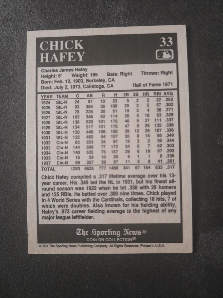 Chick Hafey - 1991 The Sporting News Conlon Collection #33 - HOF Cardinals - Image 2 of 2