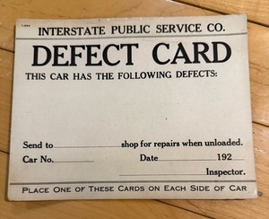 Vintage 1920s Railroad Train Car Interstate Public Service Blank Defect Card