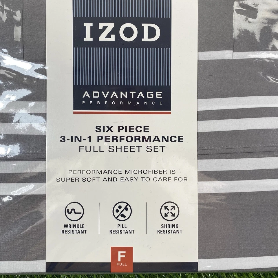 Juego de sábanas tamaño completo IZOD Advantage 3 en 1 rendimiento gris blanco rayas 6 piezas Foto 2 de 4