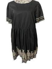 MADEWELL Women's Black  Eyelet Short Sleeve Knee Length Cotton Dress Large
