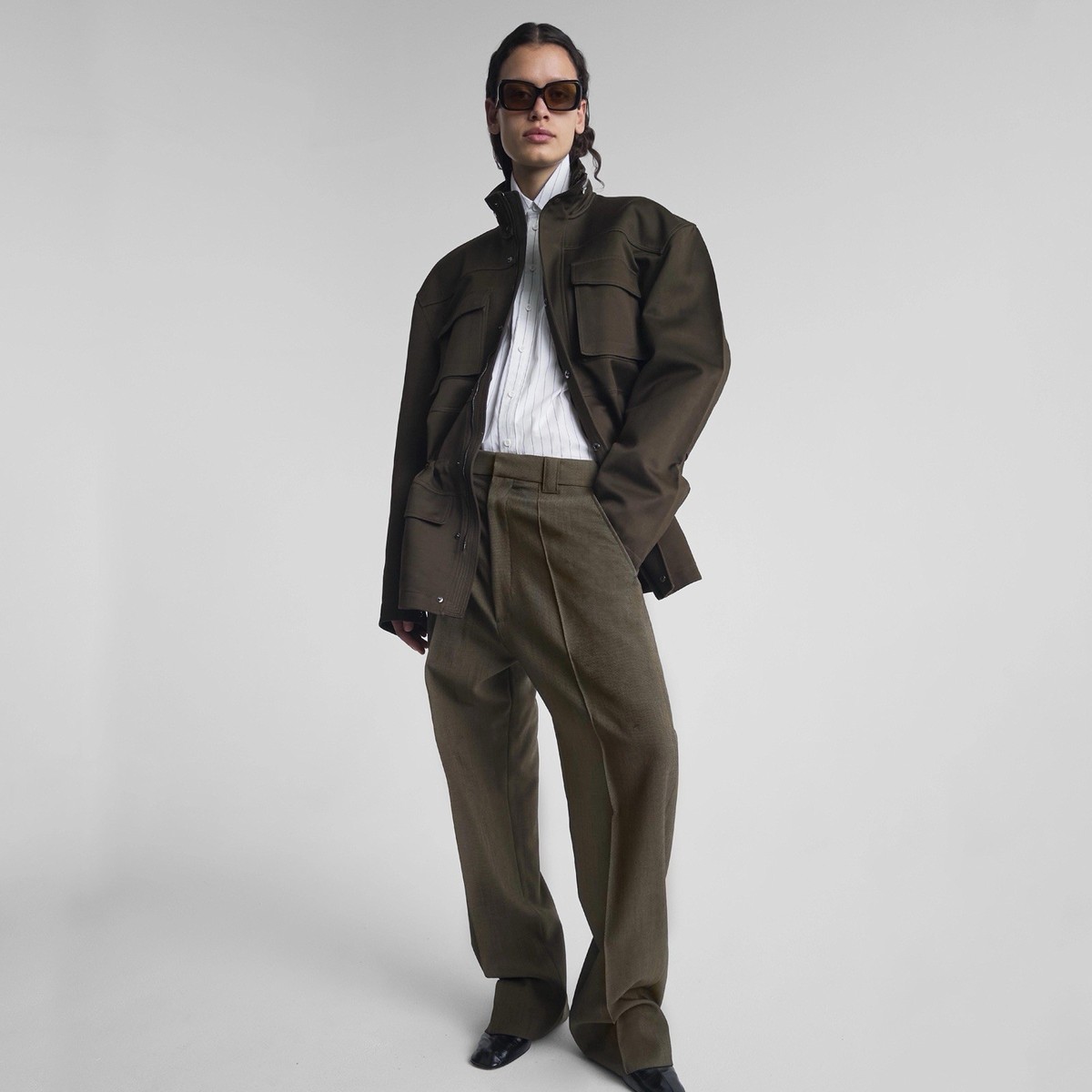 PHOEBE PHILO KHAKI BROWN WOOL OVERSIZED DROP PANTS SIZE 36 CELINE